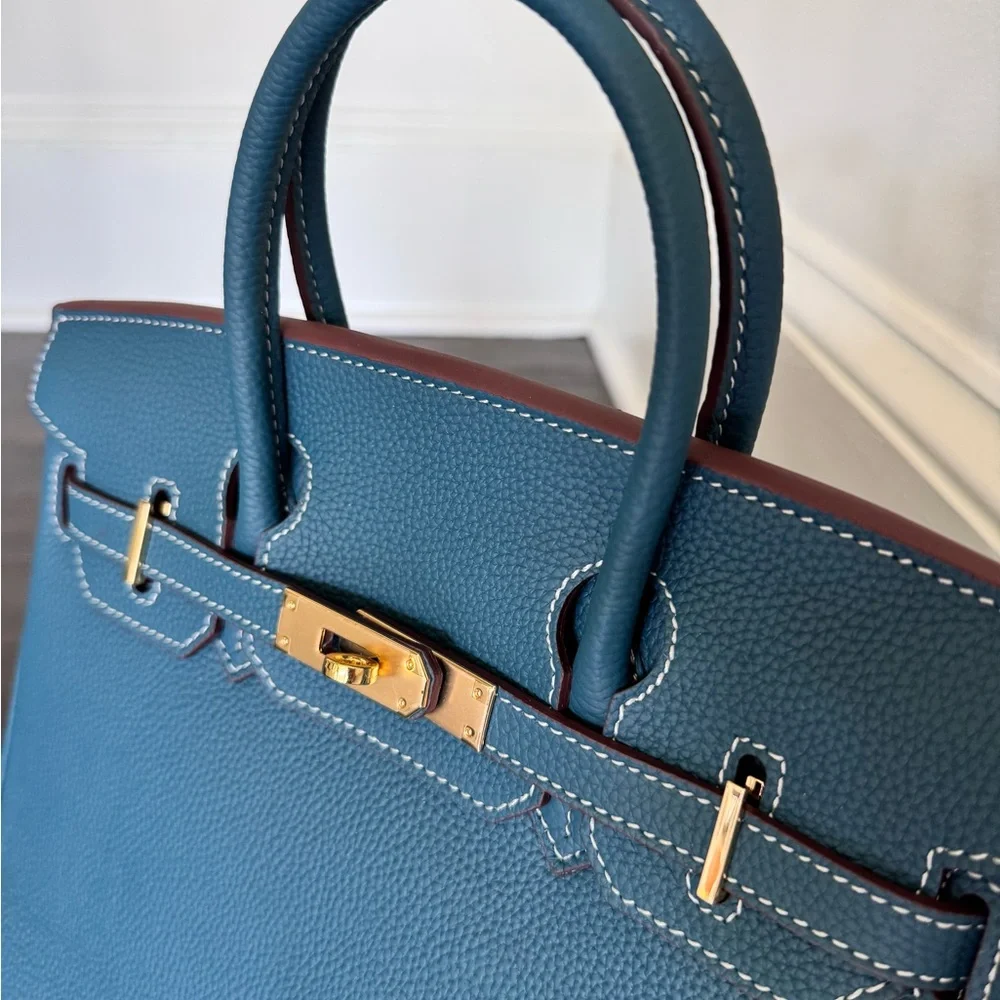 Blue Leather Top-Handle Satchel with Gold Hardware